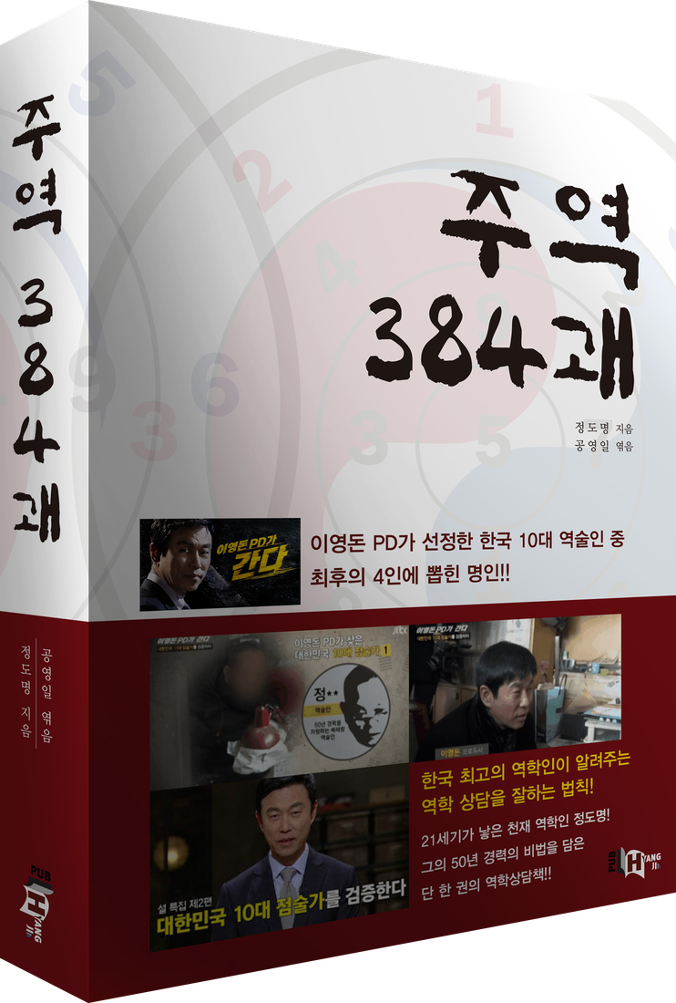 실물 출간 도서 『주역 384괘』 — 정도명 지음 · 공영일 엮음. 표지에 대한민국 10대 점술가 검증 이력 수록